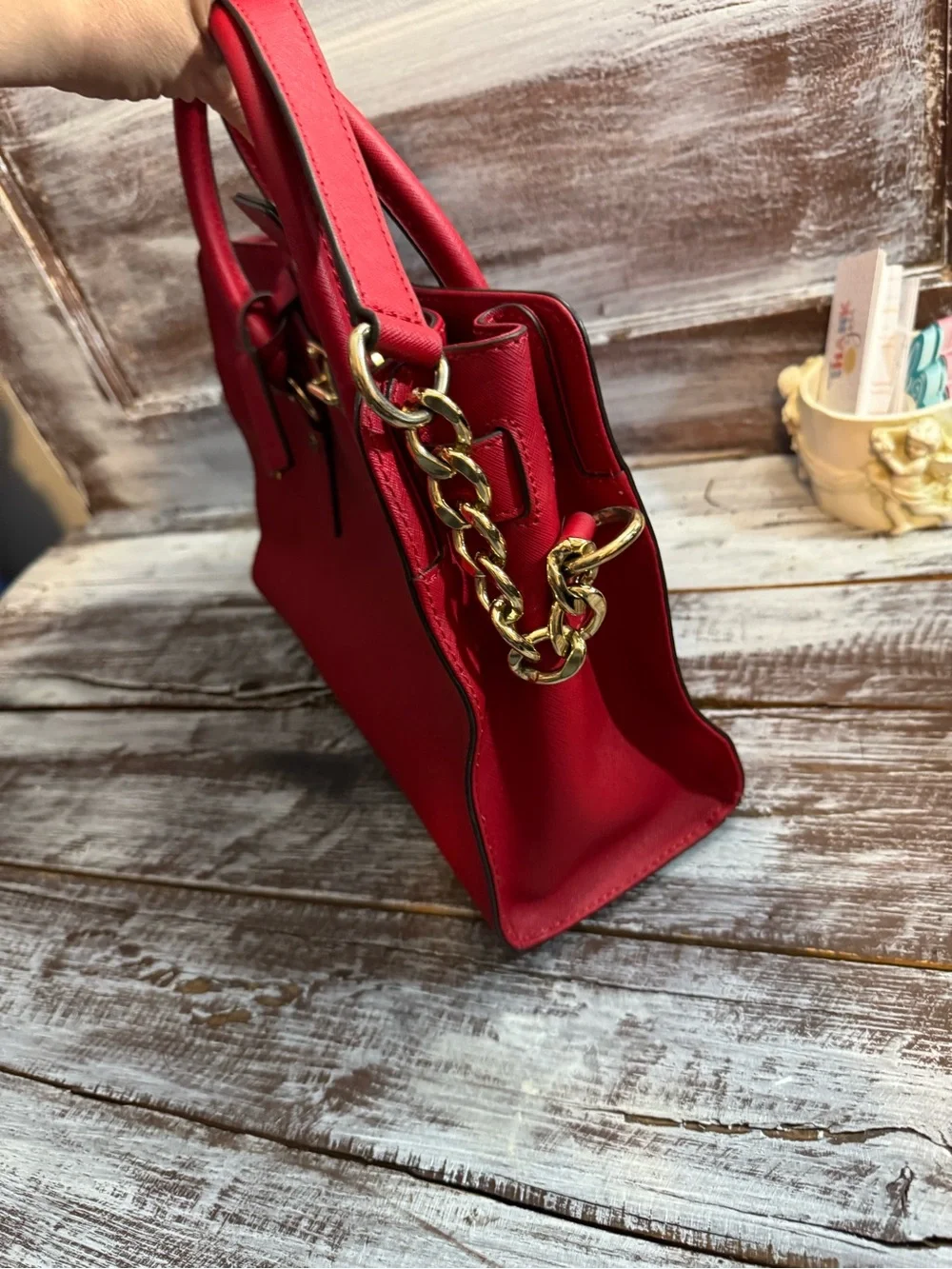 Michael Kors Red Saffiano Satchel with Gold-Tone Lock
